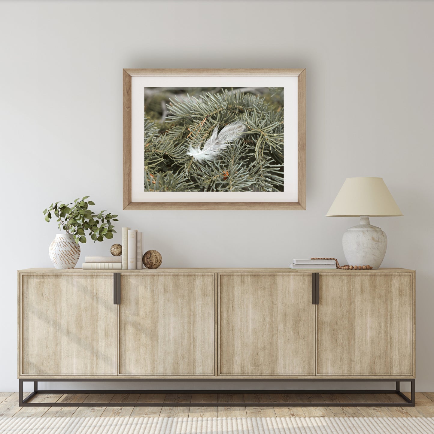 #1050 White Feather in Evergreen Branch, Printable Art, Digital Download, Gallery Wall Art