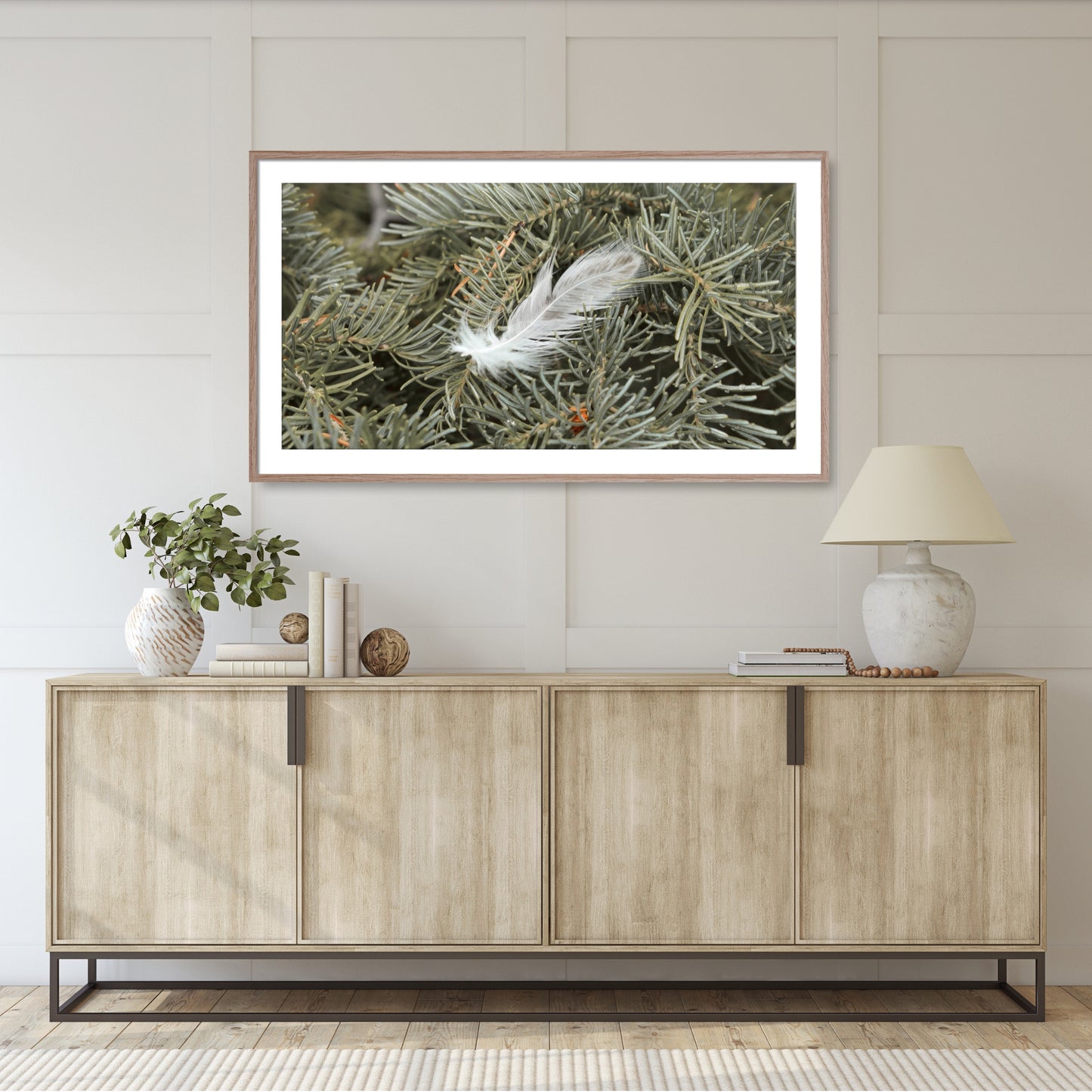 #1050F White Feather in Evergreen Branch, Samsung Frame TV Art, Digital Wallpaper, Digital Download