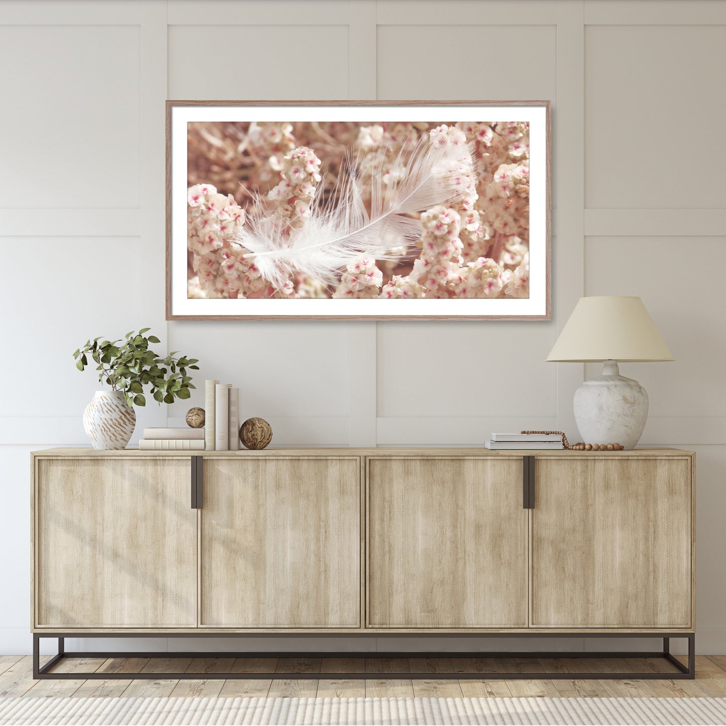 #1151F White Feather in Pink Flowers, Samsung Frame TV Art, Digital Wallpaper, Digital Download