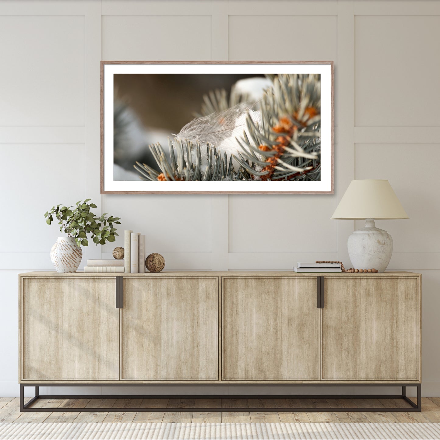 #1210F Gray Feather on Snowy Evergreen Branch, Samsung Frame TV Art, Digital Wallpaper, Digital Download