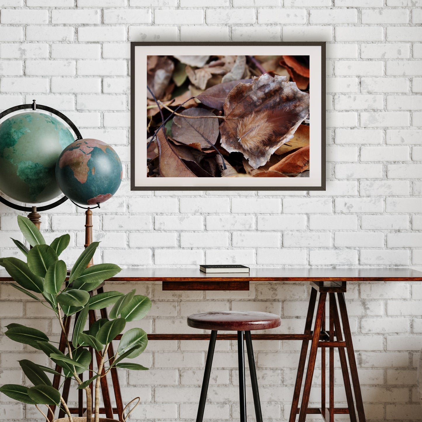 #1225 Brown Feather in Fallen Leaves, Printable Art, Digital Download, Gallery Wall Art