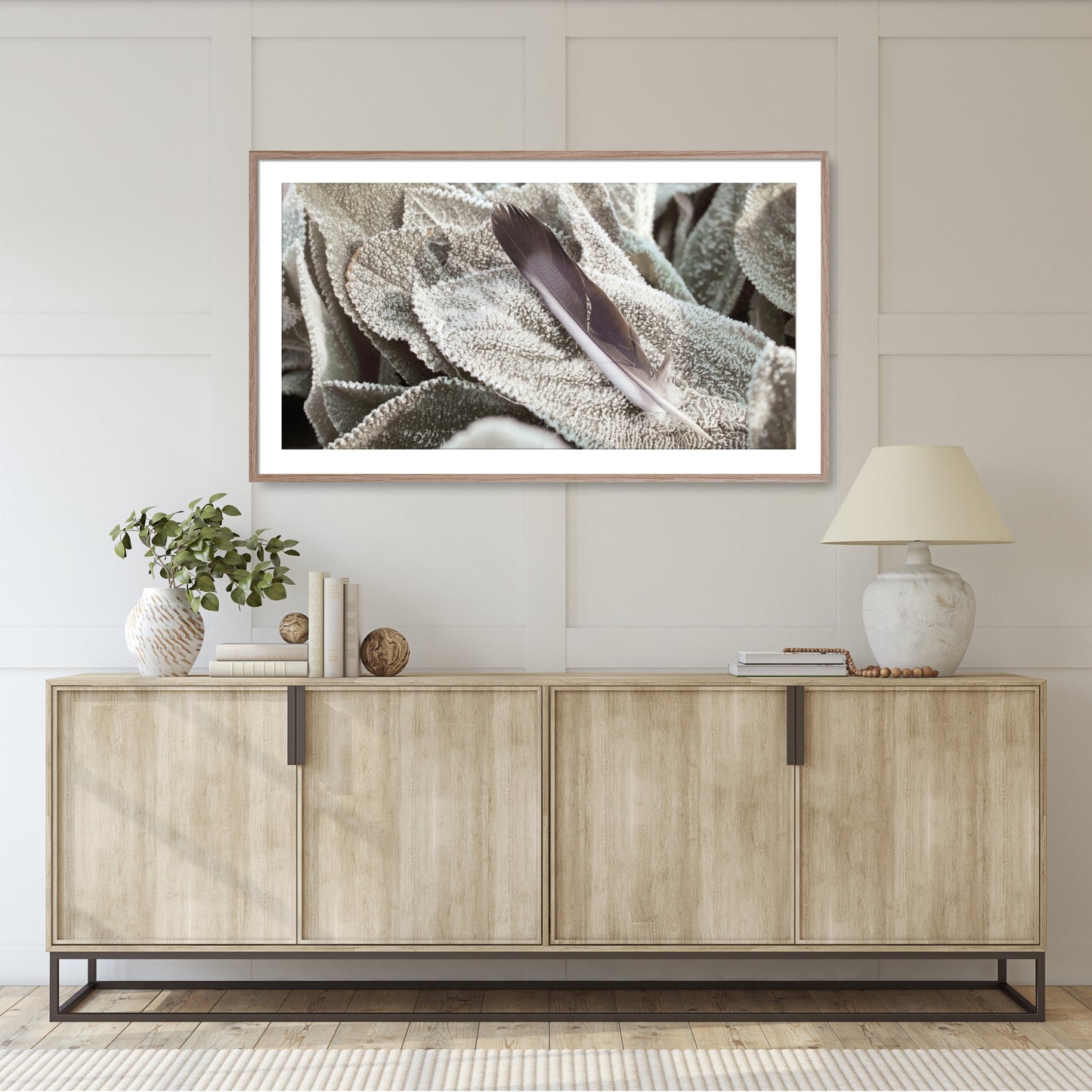 #1285F Gray Feather on Frosted Leaf, Samsung Frame TV Art, Digital Wallpaper, Digital Download