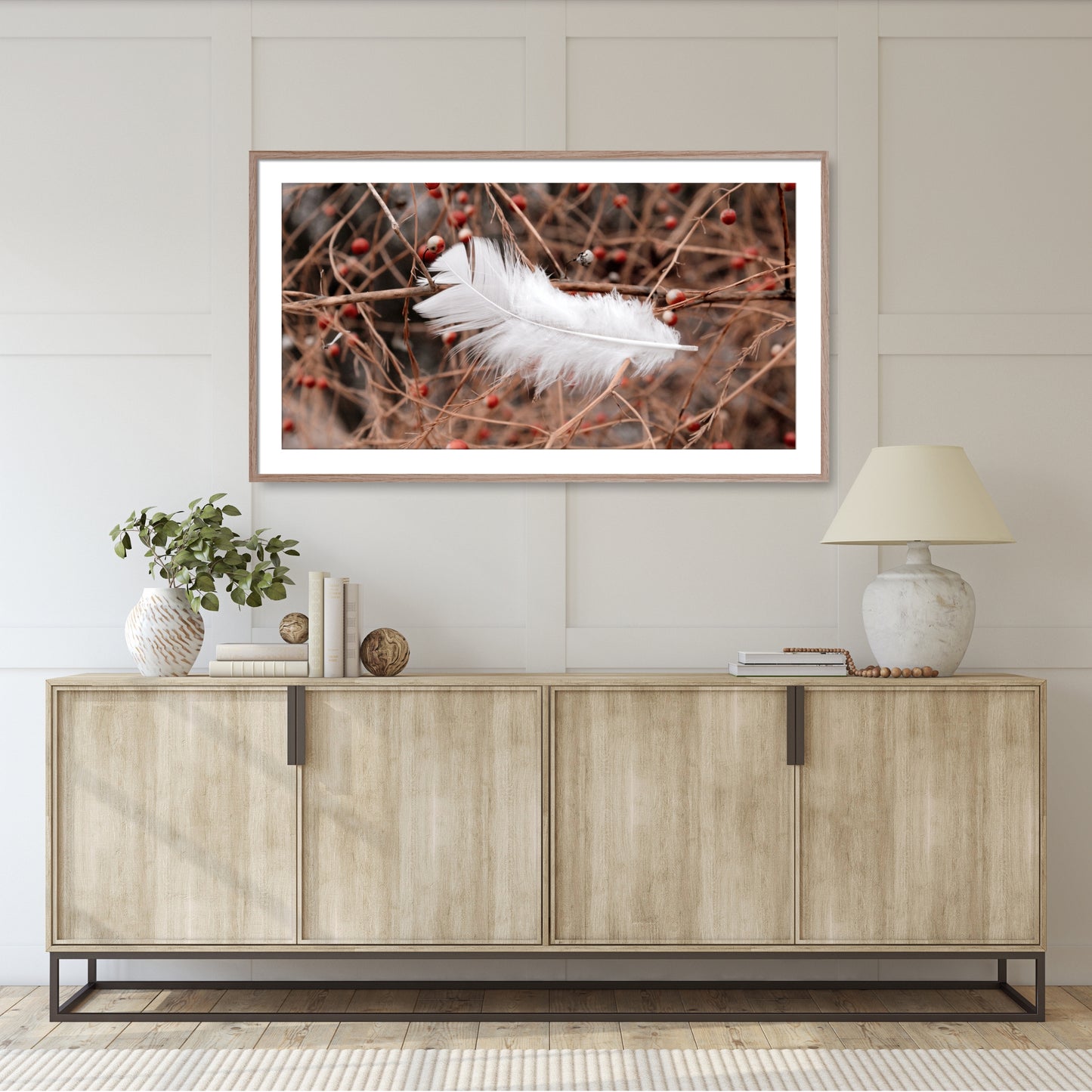 #1296F White Feather in Red Asparagus Berries, Samsung Frame TV Art, Digital Wallpaper, Digital Download