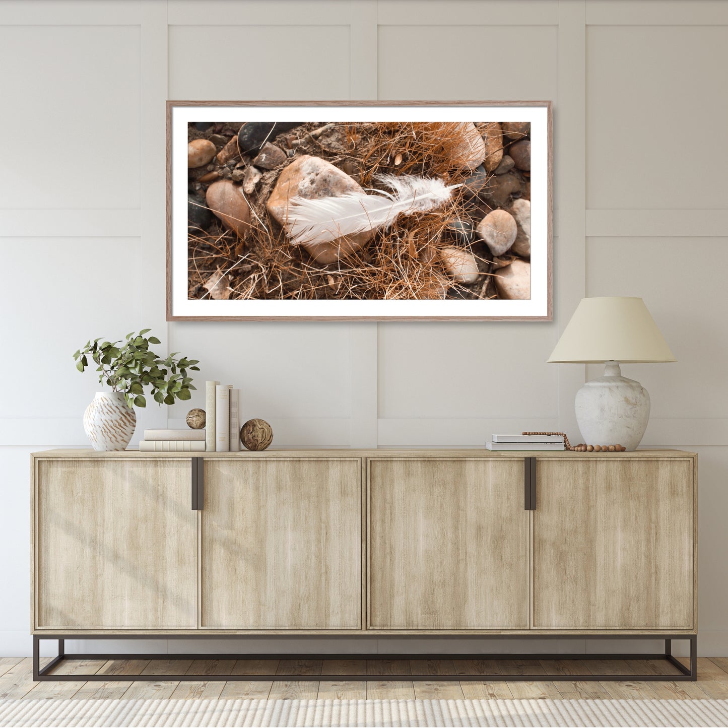 #1317F White Feather in River Rocks, Samsung Frame TV Art, Digital Wallpaper, Digital Download