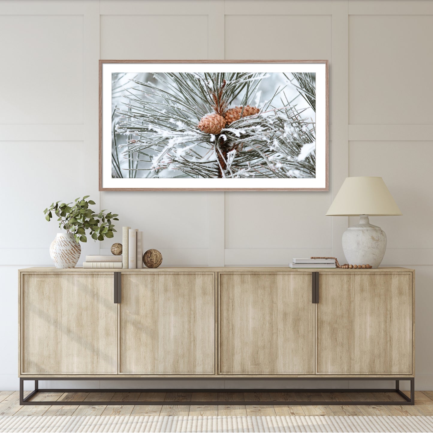 #1438F Snow Covered Pine Cones in Evergeen, Samsung Frame TV Art, Digital Wallpaper, Digital Download