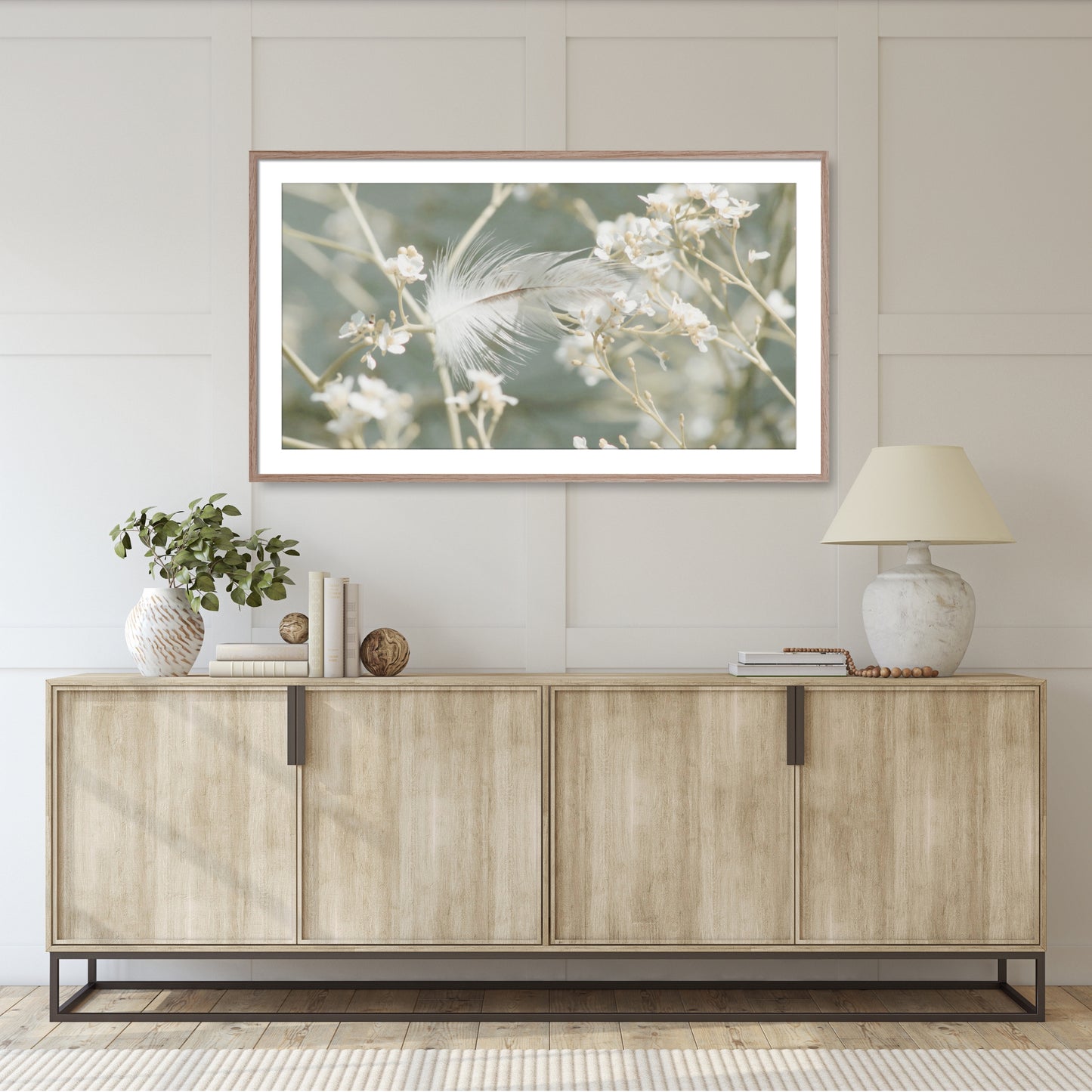 #1510F White Feather in Airy Spring Flowers, Samsung Frame TV Art, Digital Wallpaper, Digital Download