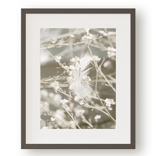 #1511 White Feather in Airy Spring Flowers, Printable Art, Digital Download, Gallery Wall Art