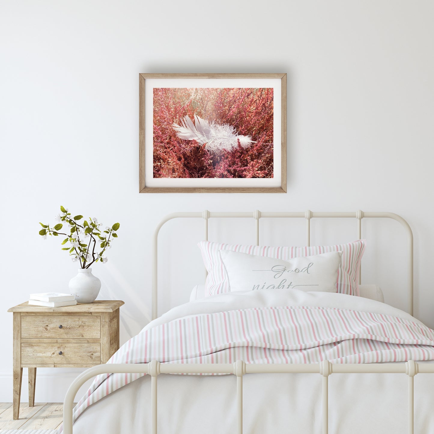 #1515 Soft White Feather on Bed of Pink, Printable Art, Digital Download, Gallery Wall Art