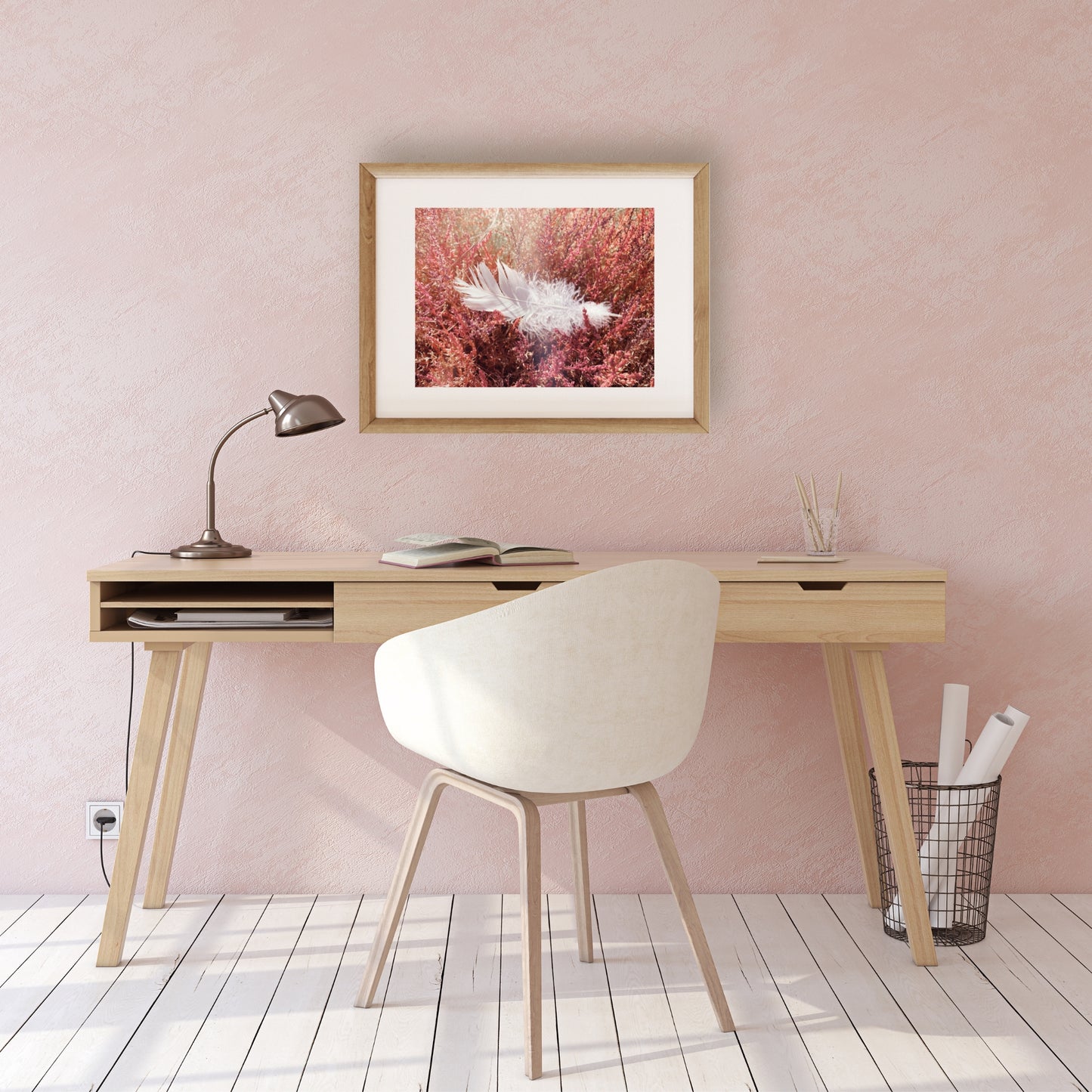 #1515 Soft White Feather on Bed of Pink, Printable Art, Digital Download, Gallery Wall Art