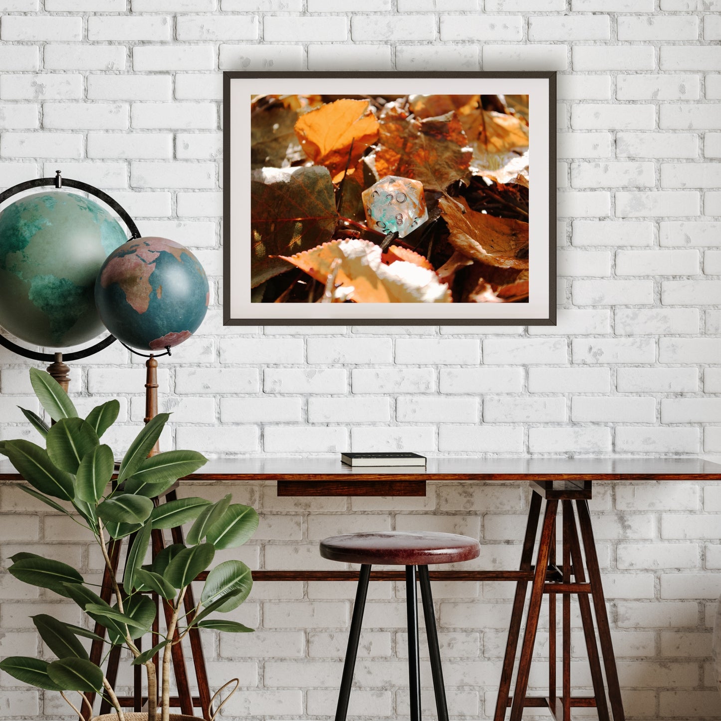 #1269 20 Sided Die in Fall Leaves, Printable Art, Digital Download, Home Decor, Gallery Art, Wall Art