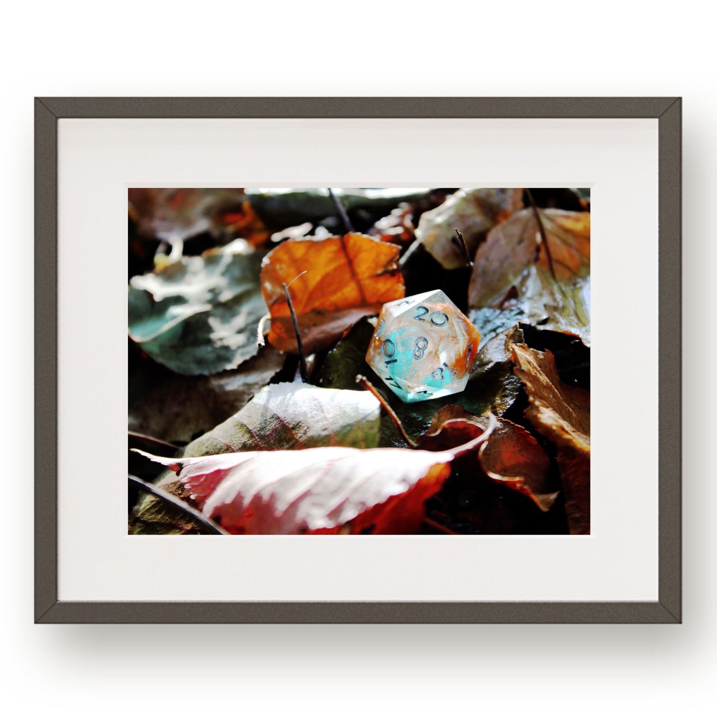 #1271 20 Sided Dice on Fall Leaves, Printable Art, Digital Download, Home Decor, Gallery Art, Wall Art