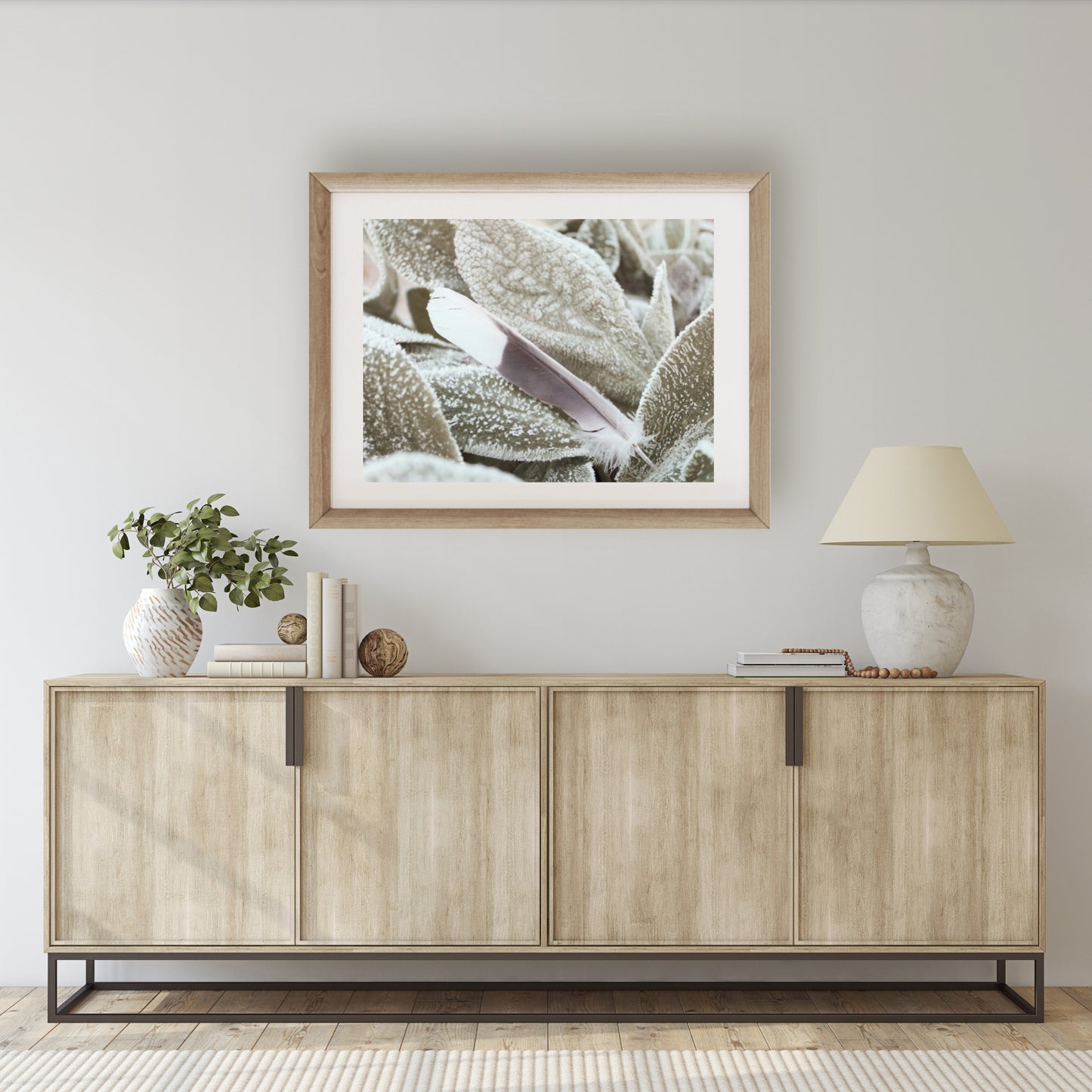 #1287 White and Gray Feather on Frosted Leaf, Printable Art, Digital Download, Home Decor, Gallery Art, Wall Art