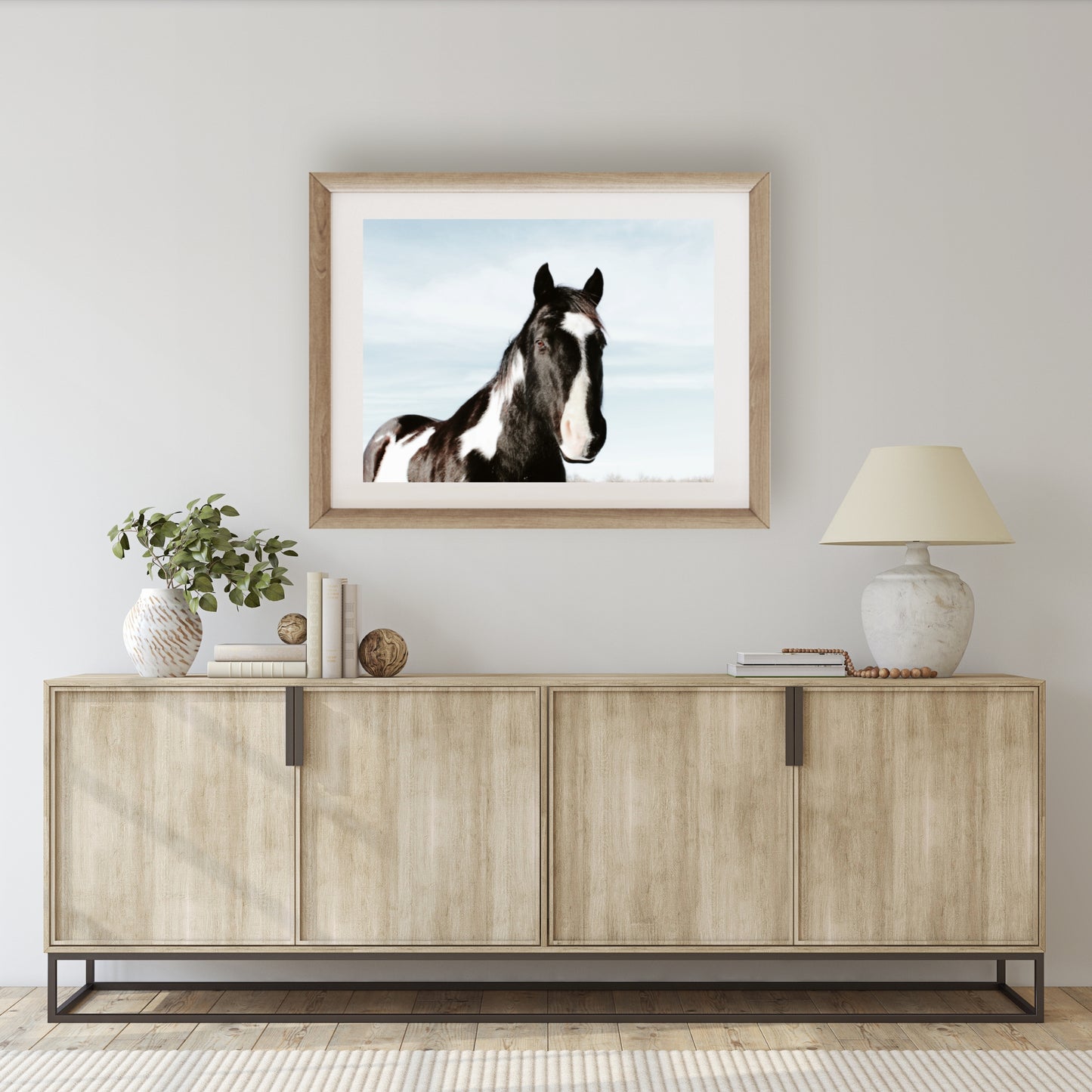 #1367 Black and White Horse on Blue Sky, Printable Art, Digital Download, Home Decor, Gallery Art, Wall Art