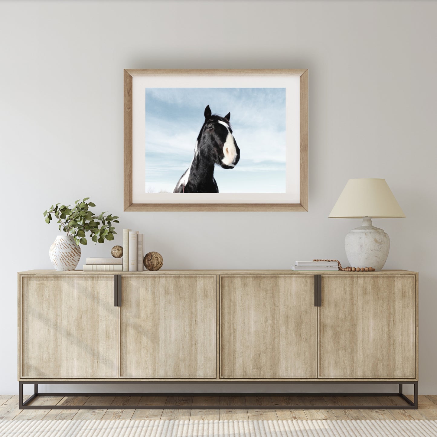 #1368 Black and White Horse on Blue Sky, Printable Art, Digital Download, Home Decor, Gallery Art, Wall Art