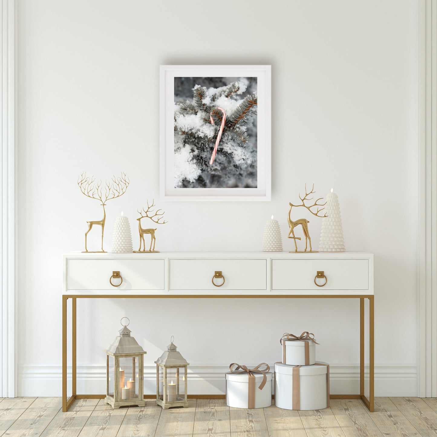 #1432 Candy Cane on Snowy Pine, Printable Art, Digital Download, Home Decor, Gallery Art, Wall Art